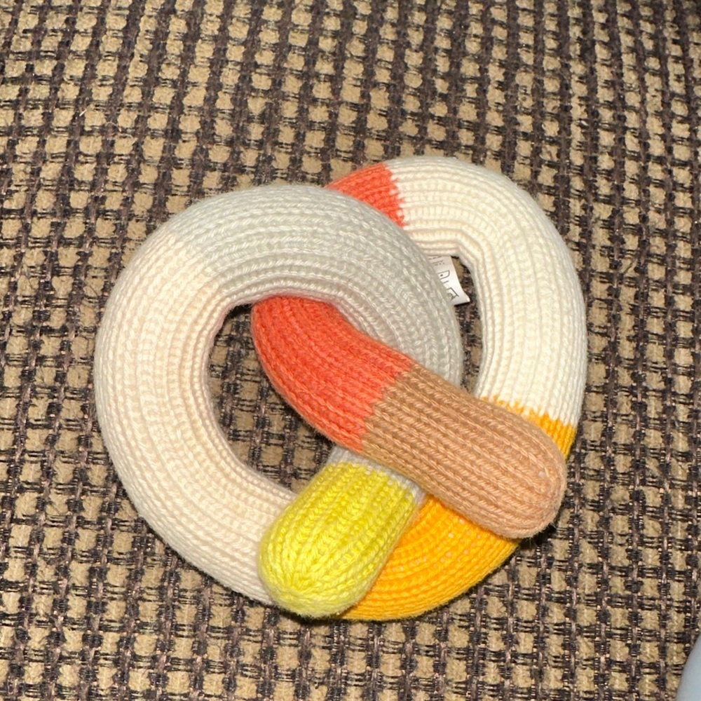 Blabla Knit Baby Rattle Toy Pretzel Gray, Brown, Orange, Yellow, Lime & Yellow